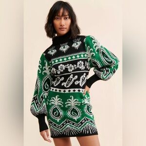 Farm Rio Mystic Scarf Sweater Dress | Green Graphic Print | Size Small